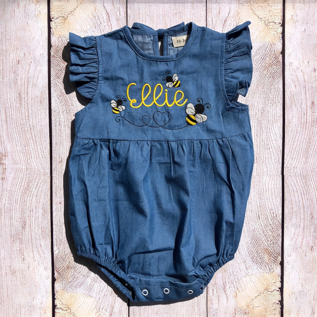 Personalized Baby Adorable BEE Denim Bubble Romper | CWBaby463