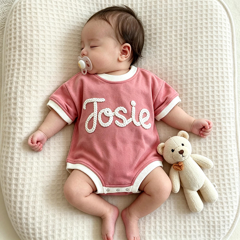 Personalized Hand Embroidered Short Sleeve Baby Bubble Romper | CWBaby503