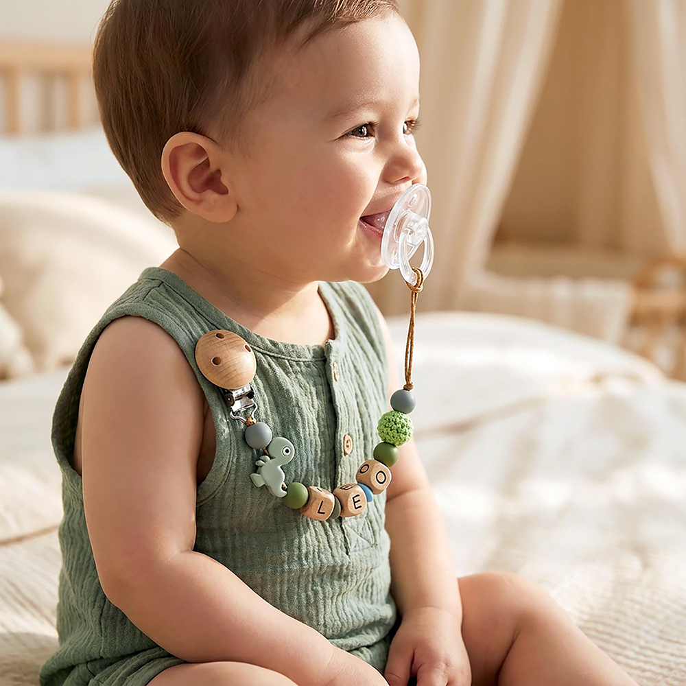 Personalized Baby Wooden Dinosaur Pacifier Clip | CWToy192