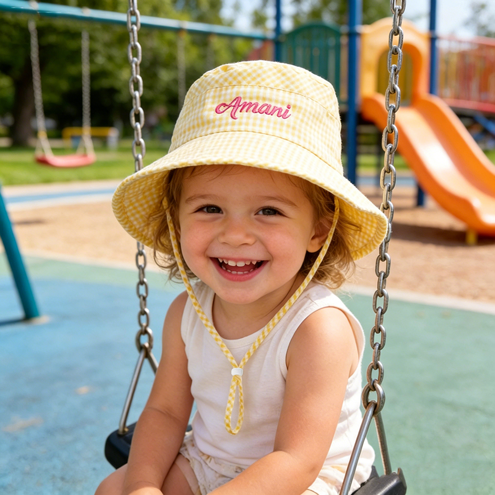 Personalized Embroidery Colourful Gingham Kids Bucket Hat | CWBeach250