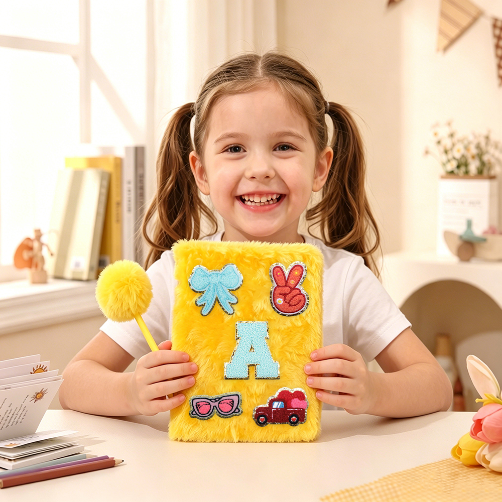 Personalized Hand Embroidery Fluffy Journal with Pom Pom Pen | CWGift75
