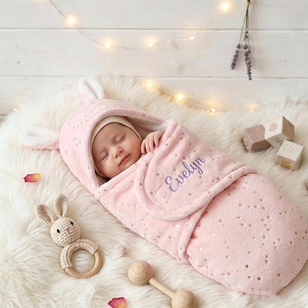Personalized Baby Flannel Bunny Ear Swaddle Wrap | CWBaby507