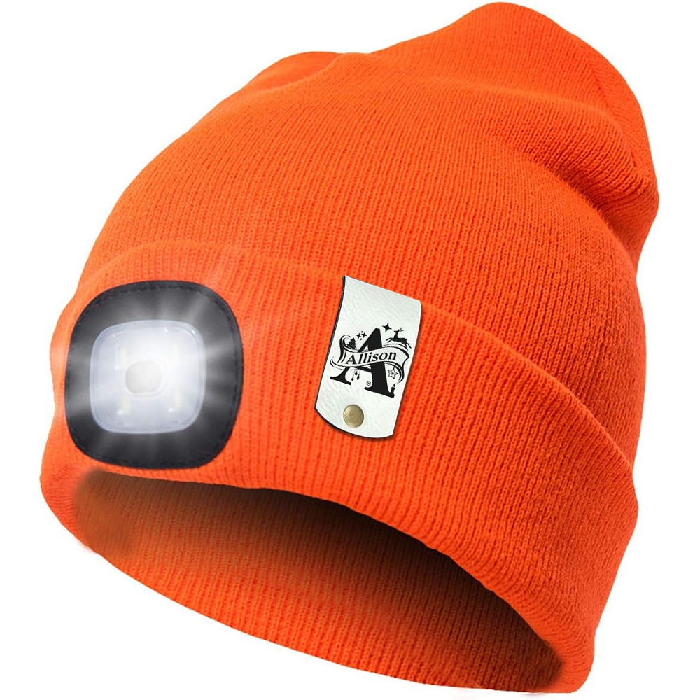 Personalized Kids Leather Tag Beanie with Headlamp | HSKid32