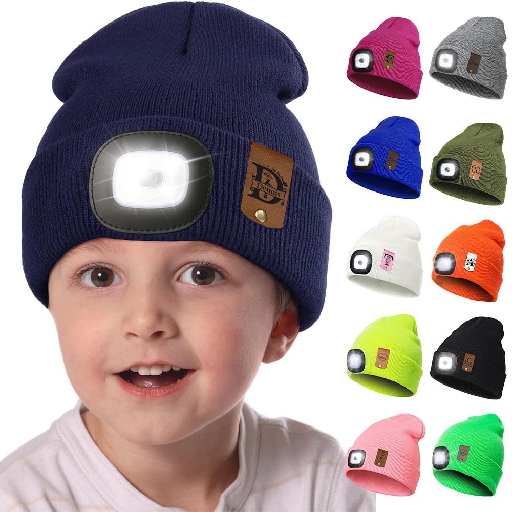 Personalized Kids Leather Tag Beanie with Headlamp | HSKid32
