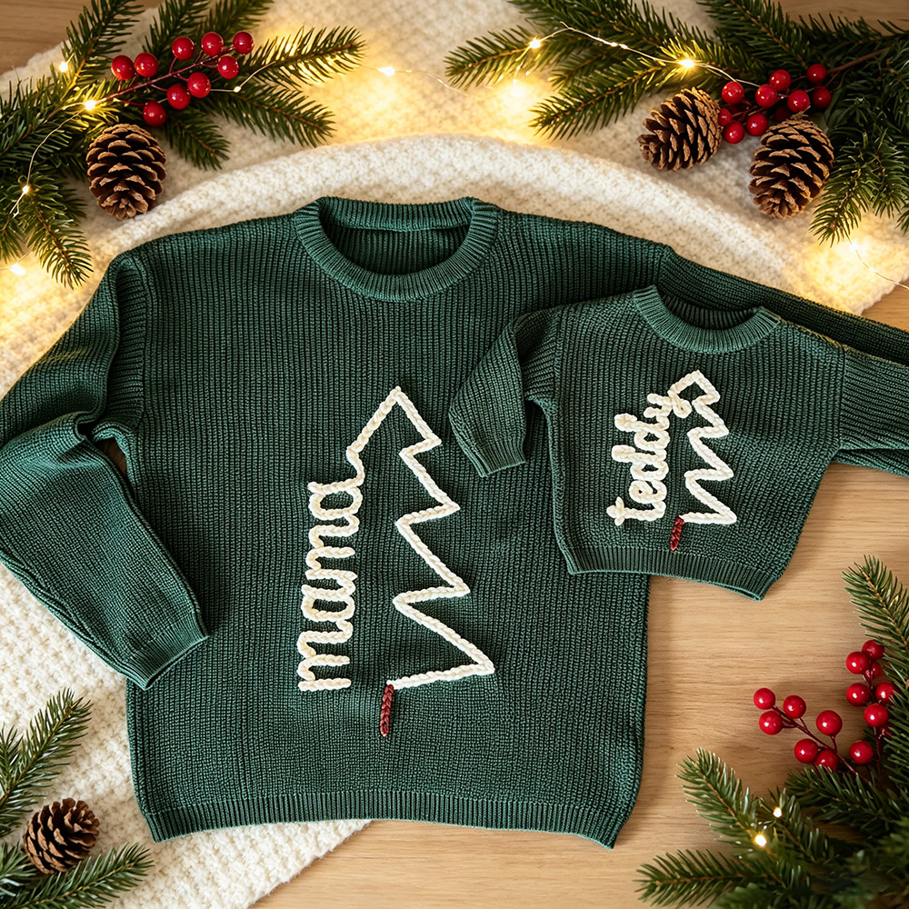 Personalized Hand Embroidered Christmas Tree With Name Sweater | MCGift370