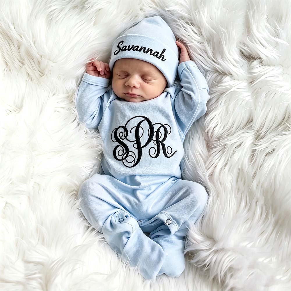 Personalized Embroidery Baby Monogram Romper and Hat Set | CWBaby525