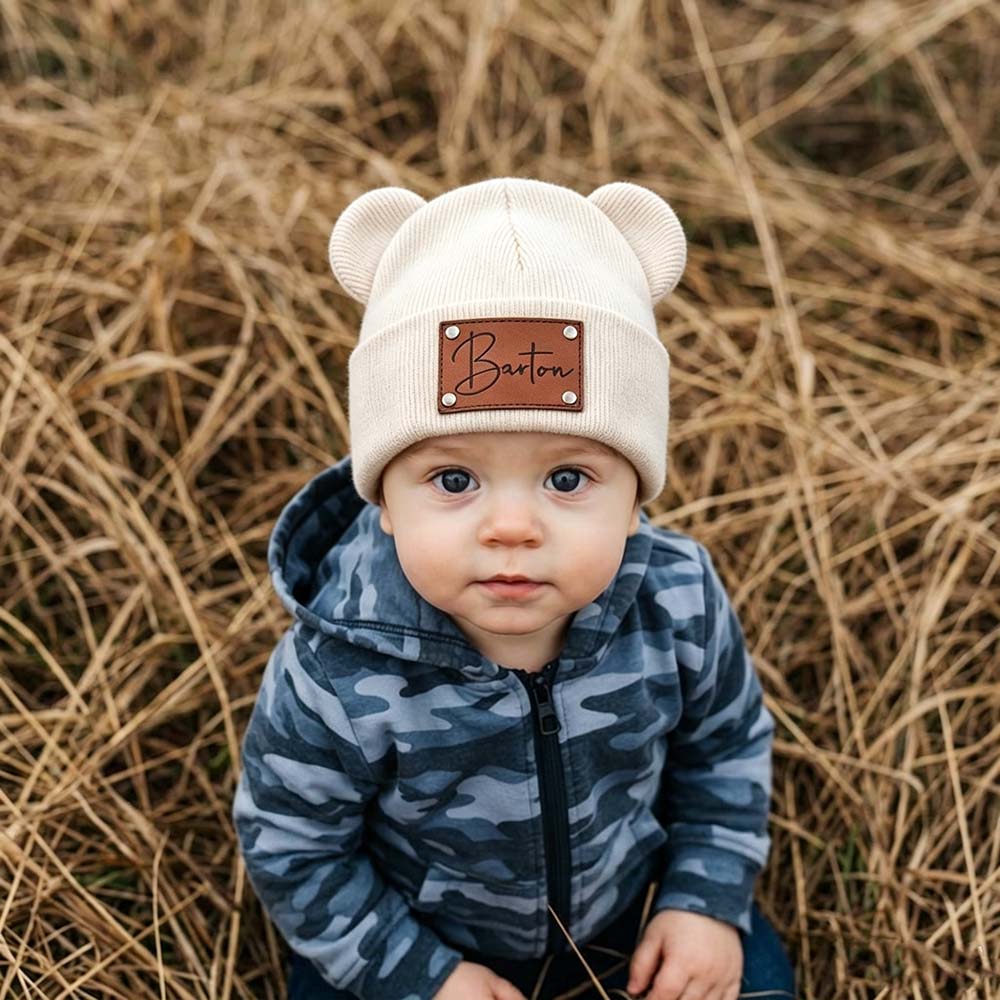 Personalized Leather Patch Kid Beanie Hat With Bear Ears | HSKid92