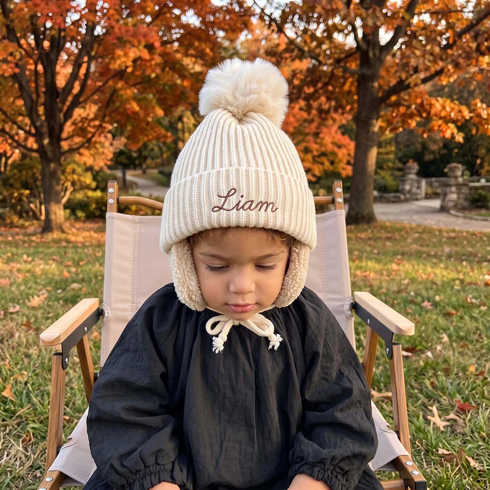 Personalized Embroidered Kids Winter Hat With Ear Flaps & Pom Pom | HSKid93