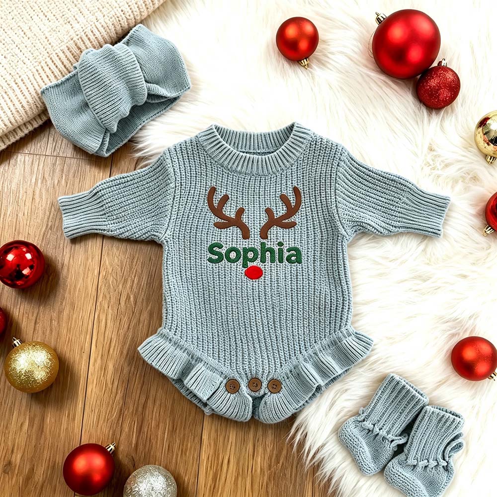 Personalized Embroidered Reindeer Baby Romper Set With Bow Headband & Socks | MCGift388