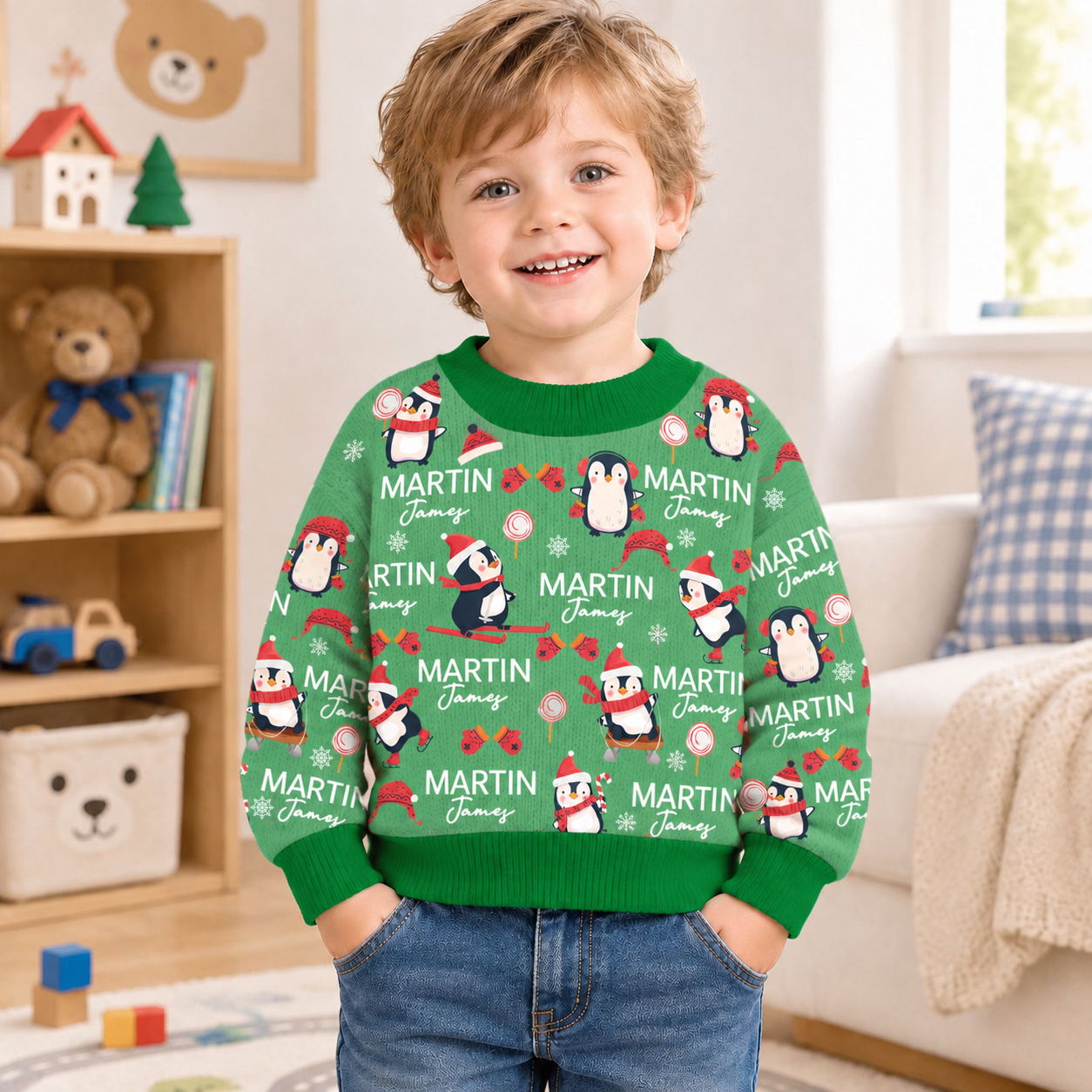 Personalized Lovely Kids Christmas Penguin Knit Sweater | CWSweater14
