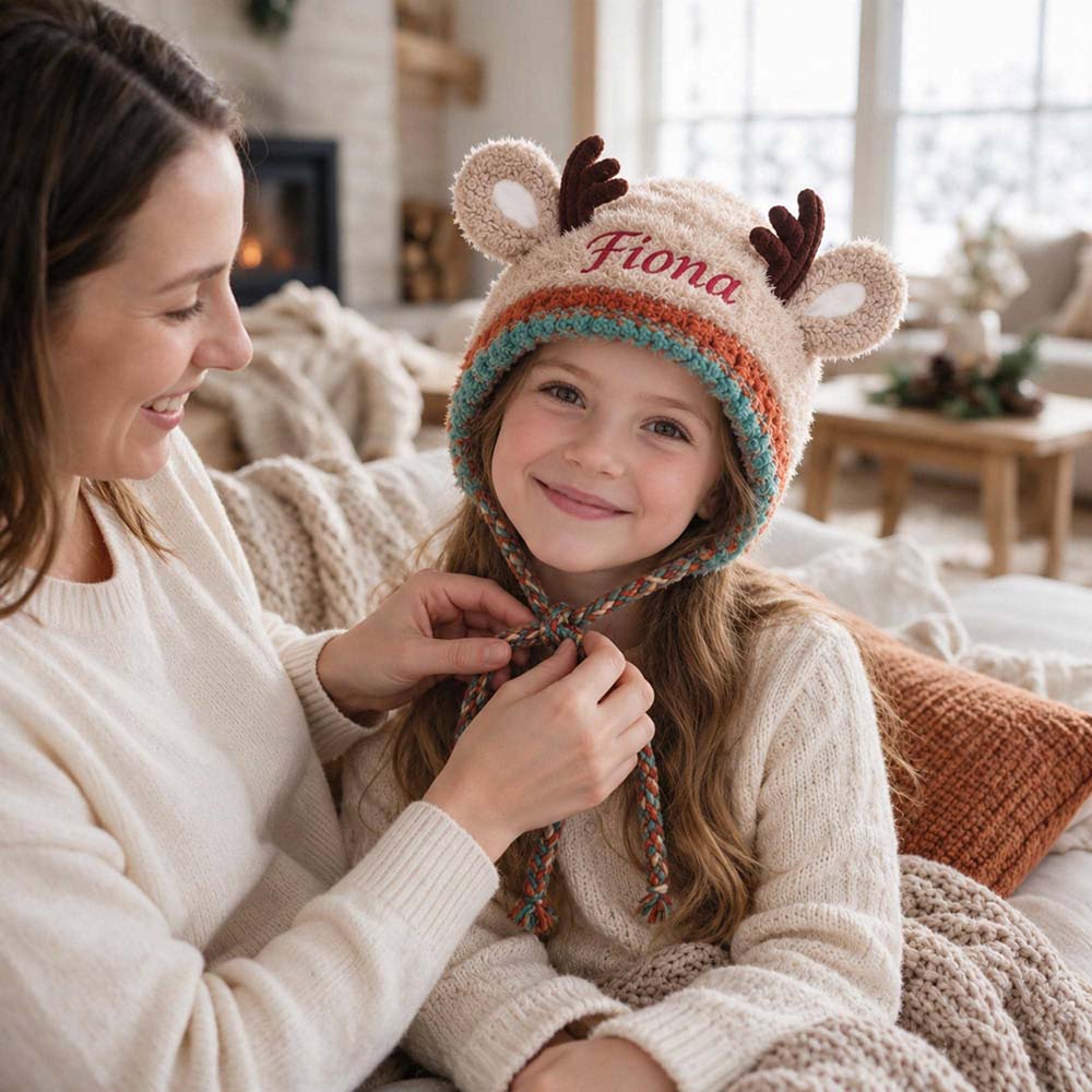 Personalized Embroidered Kids Christmas Reindeer Winter Hat | HSKid106