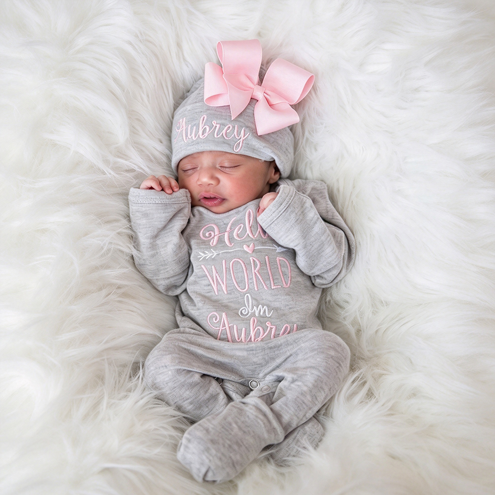 Personalized Embroidery Baby Girl Coming Home Romper and Hat Set | CWBaby425
