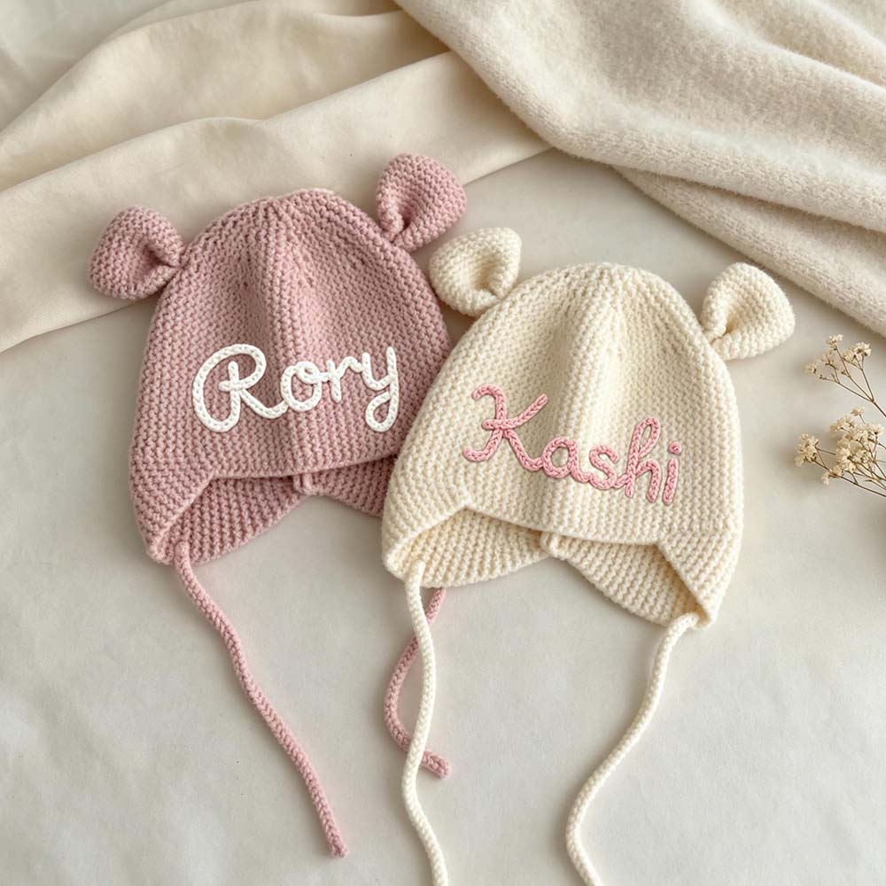 Personalized Hand Embroidered Bear Ears Baby Knit Beanie Hat | CWBaby563