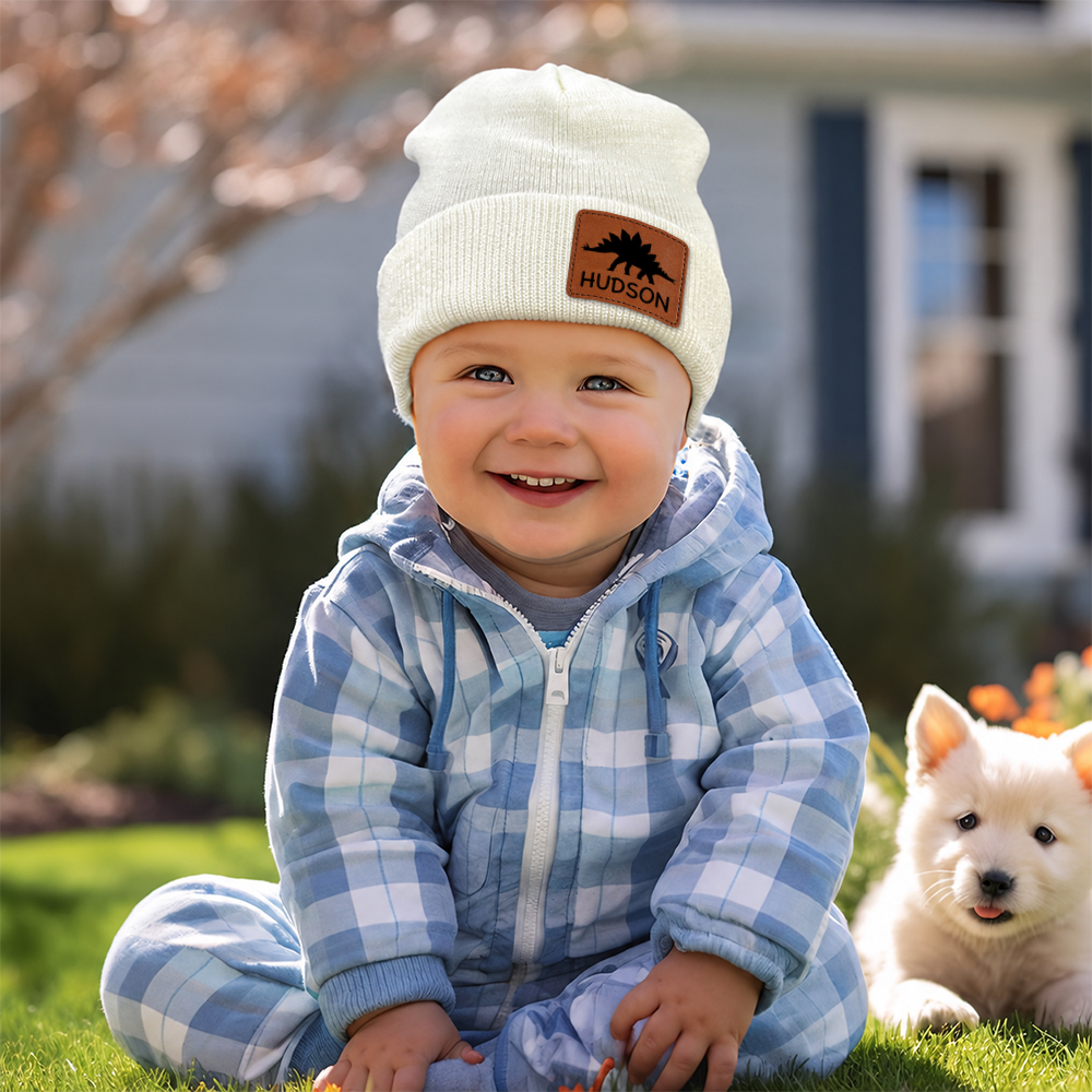 Personalized Kids Dinosaur & Excavator Leather Patch Beanie Hat | HSKid100