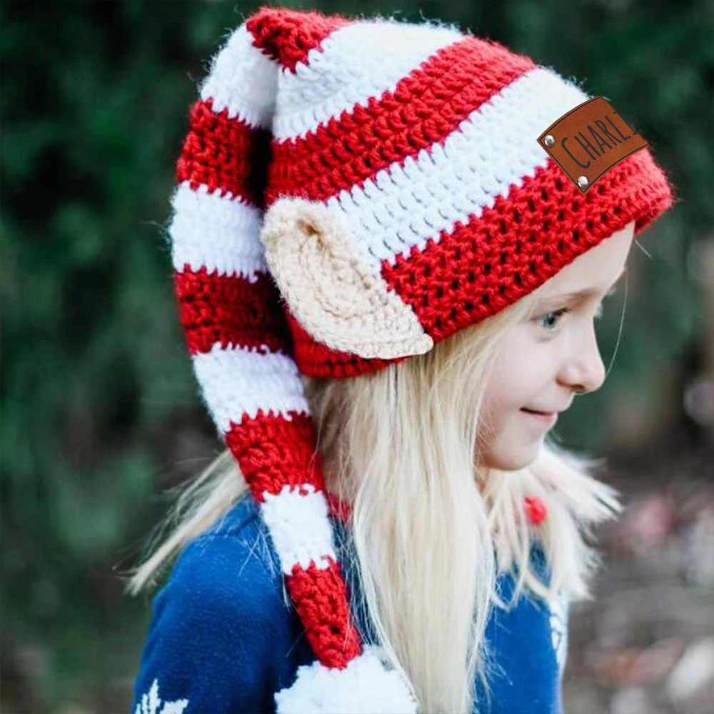 Personalized Crochet Leather Patch Christmas Elf Hat With Ears | MCGift70