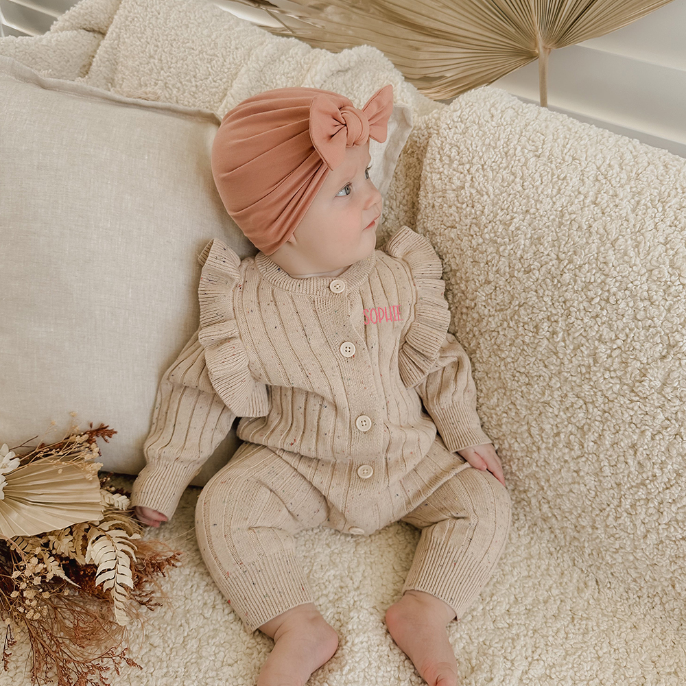 Personalised Embroidery Baby Ruffle Knit Romper | CWBaby149