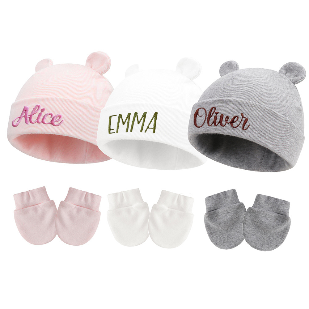 Personalized Embroidery Bear Newborn Homecoming Hat and Gloves Set | HSKid56