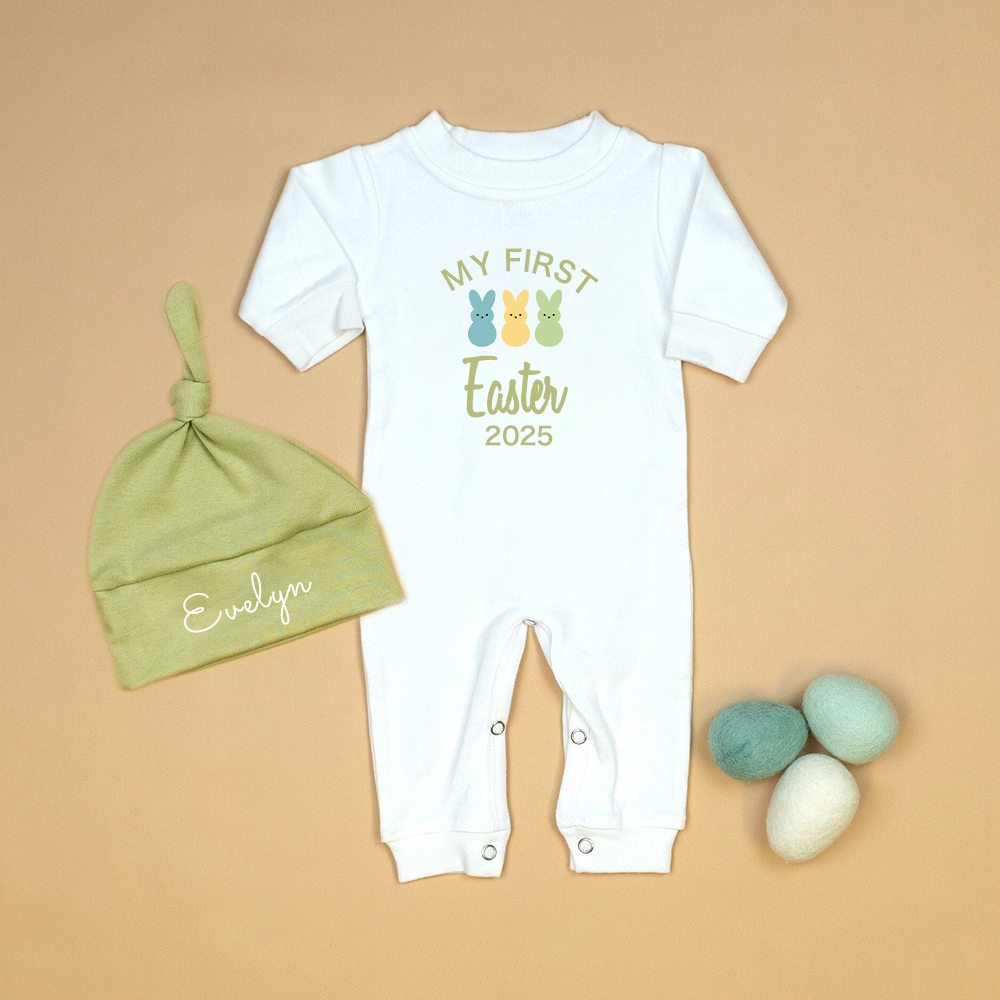 Personalized Baby Lovely First Easter Ropmer and Hat Set | CWBaby181