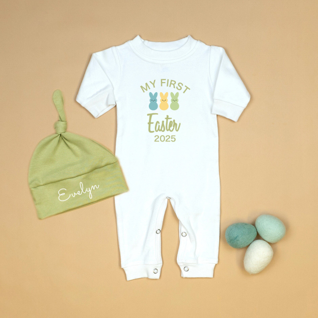 Personalized Baby Lovely First Easter Ropmer and Hat Set | CWBaby181