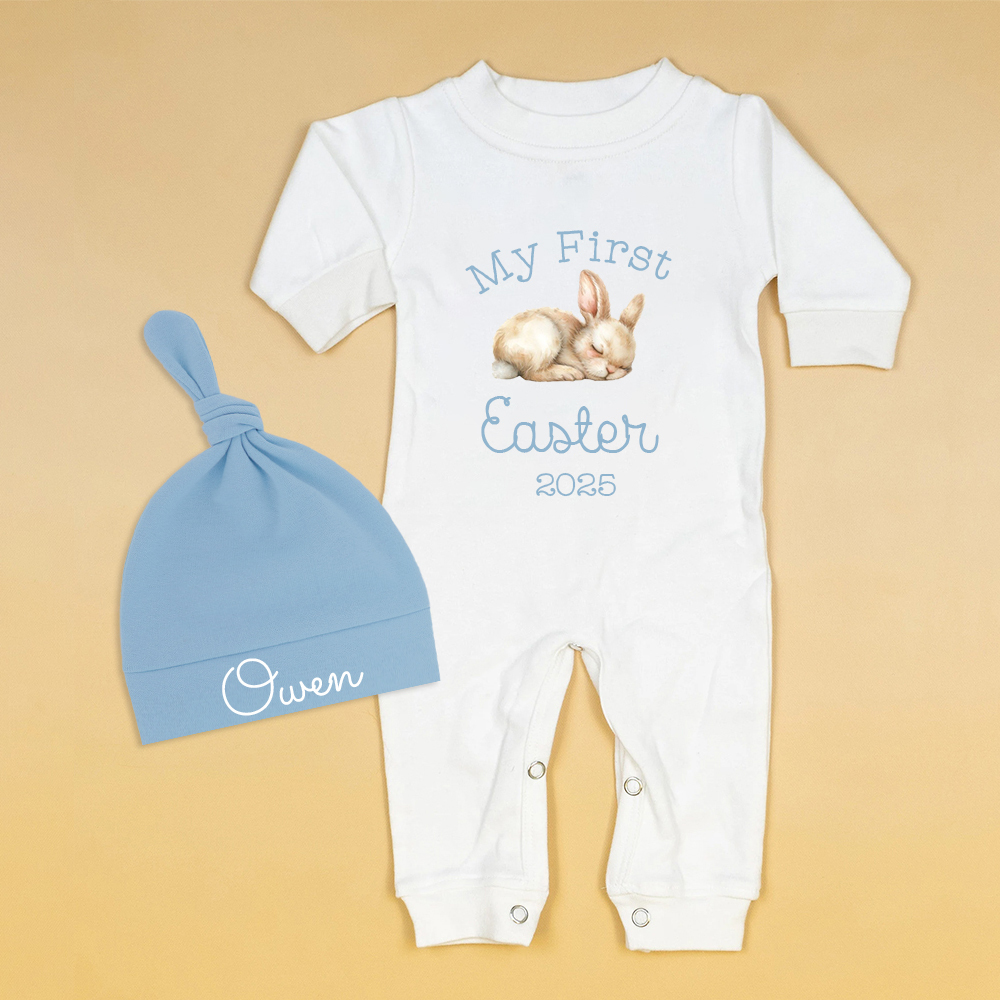 Personalized Baby First Easter Bunny Ropmer and Hat Set | CWBaby183