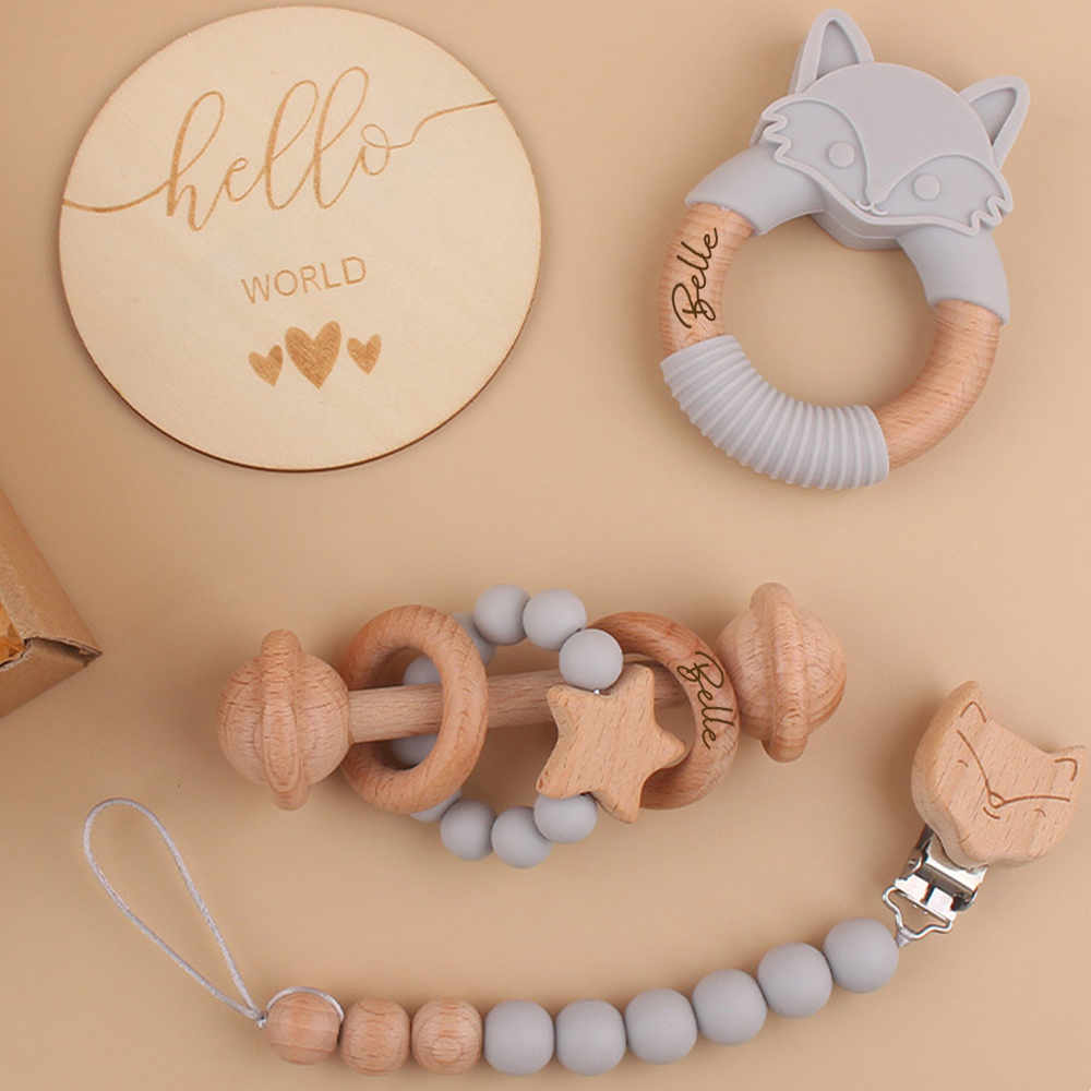 Personalized Baby Wooden Fox Pacifier Clip 4 Pcs Gift Set | CWBaby113