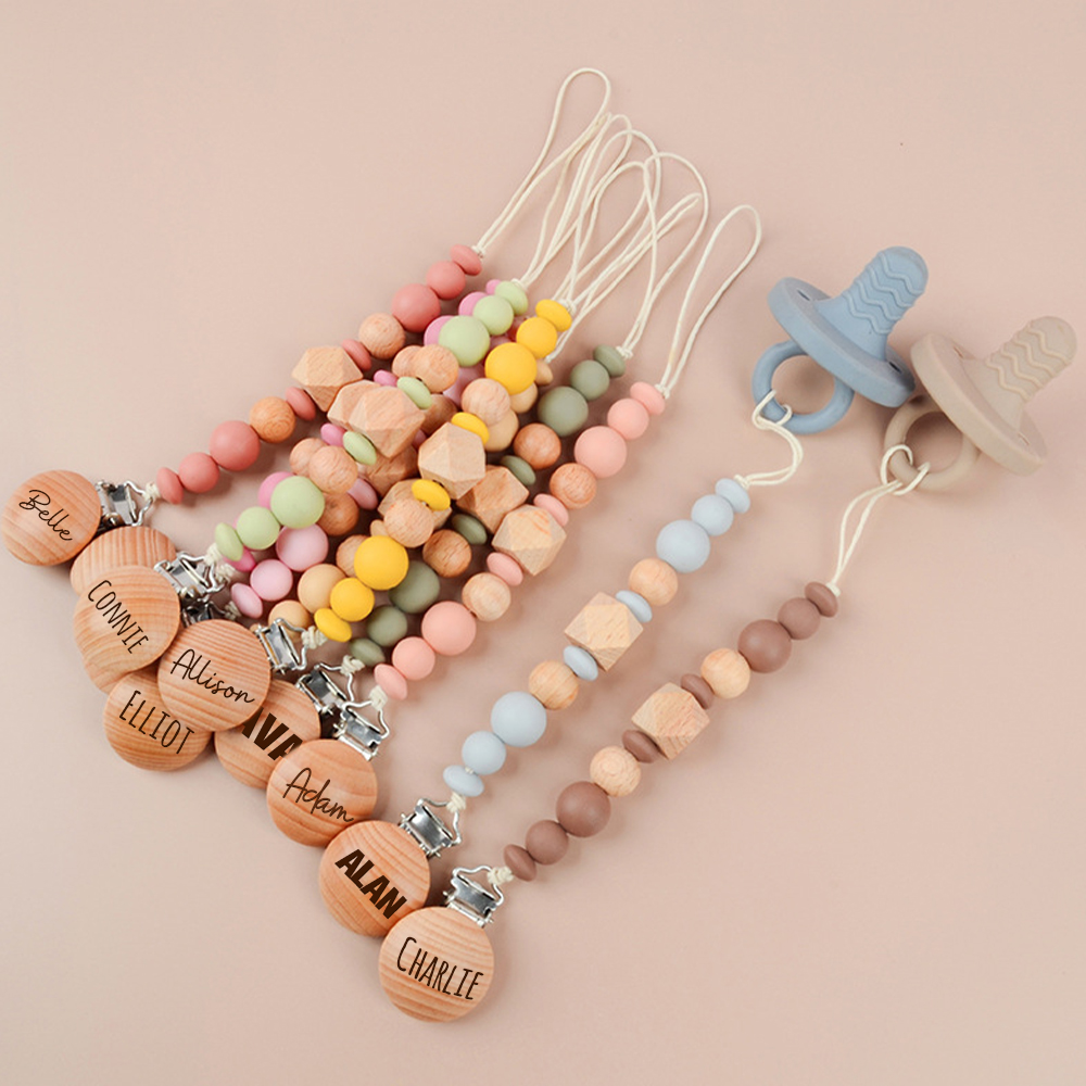 Personalized Baby Pacifier Silicone Wooden Bead Clip | CWBaby115