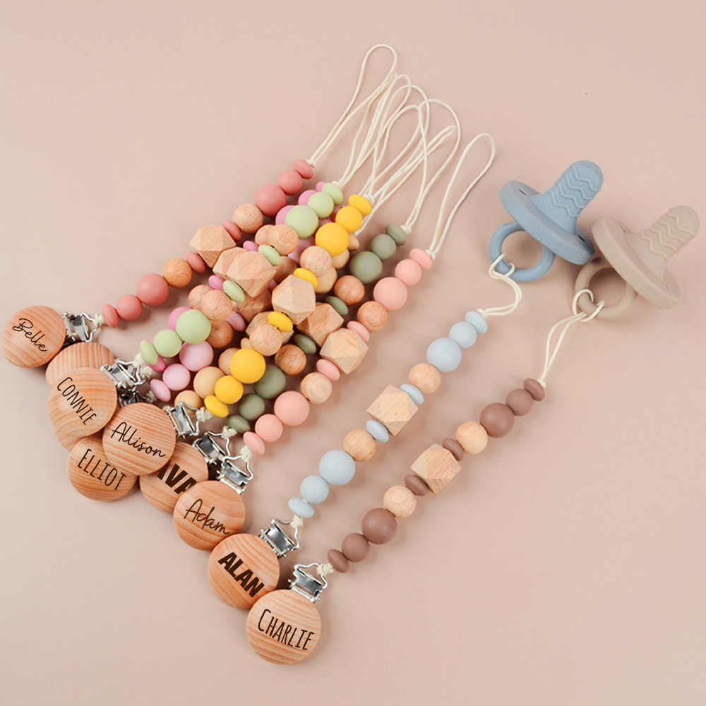 Personalized Baby Pacifier Silicone Wooden Bead Clip | CWBaby115