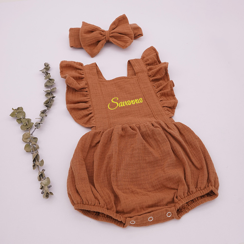 Personalized Embroidery Baby Organic Cotton Muslin Romper with Bow | inRomper35