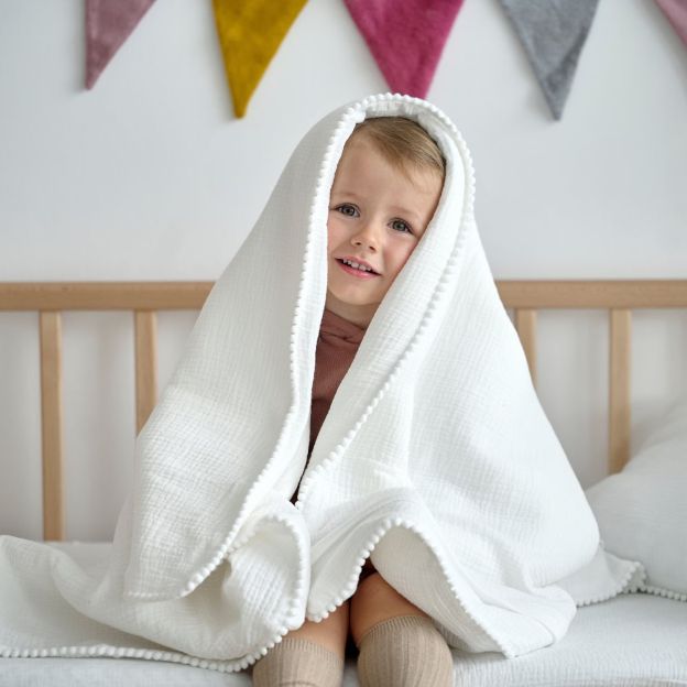 Personalized Embroidered Swaddle Muslin Pom Pom Blanket | CWBaby46