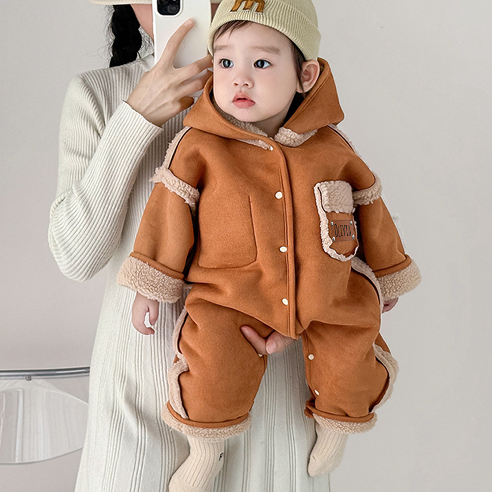Personalized Leather Patch Double-Sided Wear Suede Baby Romper | CWBaby291