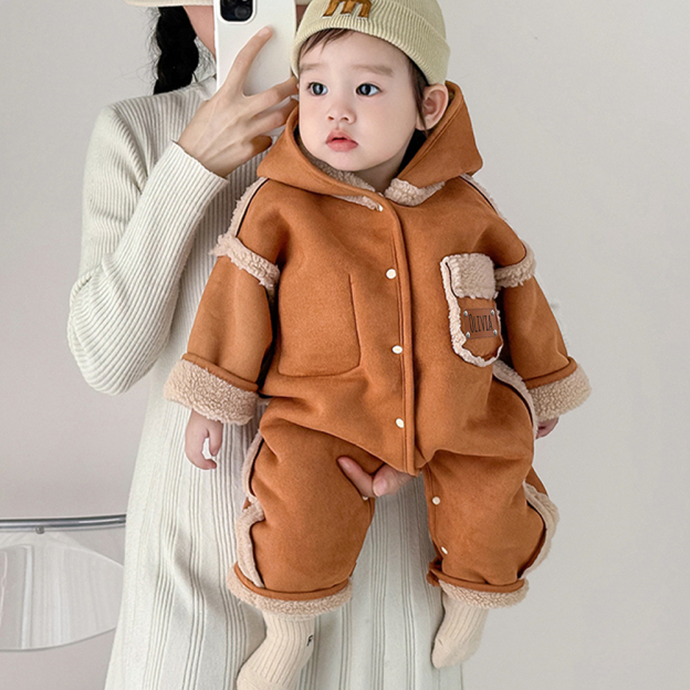 Personalized Leather Patch Double-Sided Wear Suede Baby Romper | CWBaby291