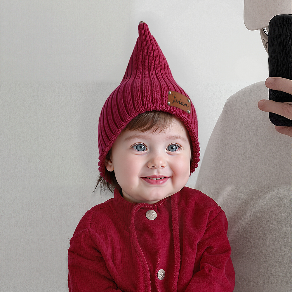 Personalized Leather Patch Knit Pixie Hats | HSKid58