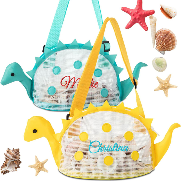 Personalized Embroidery Dinosaur Seashell Zipper Mesh Beach Bag | CWBeach102