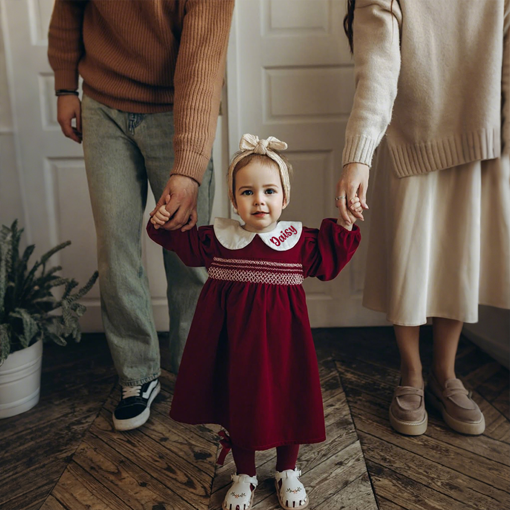 Personalized Baby Girl Plaid Long Sleeve Dress | CWBaby310