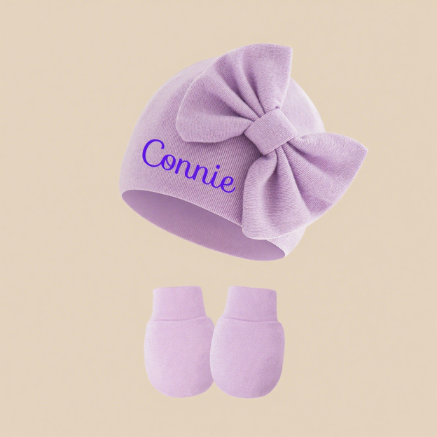 Personalized Newborn Coming Home Bow Beanie And Gloves Set | HSKid62