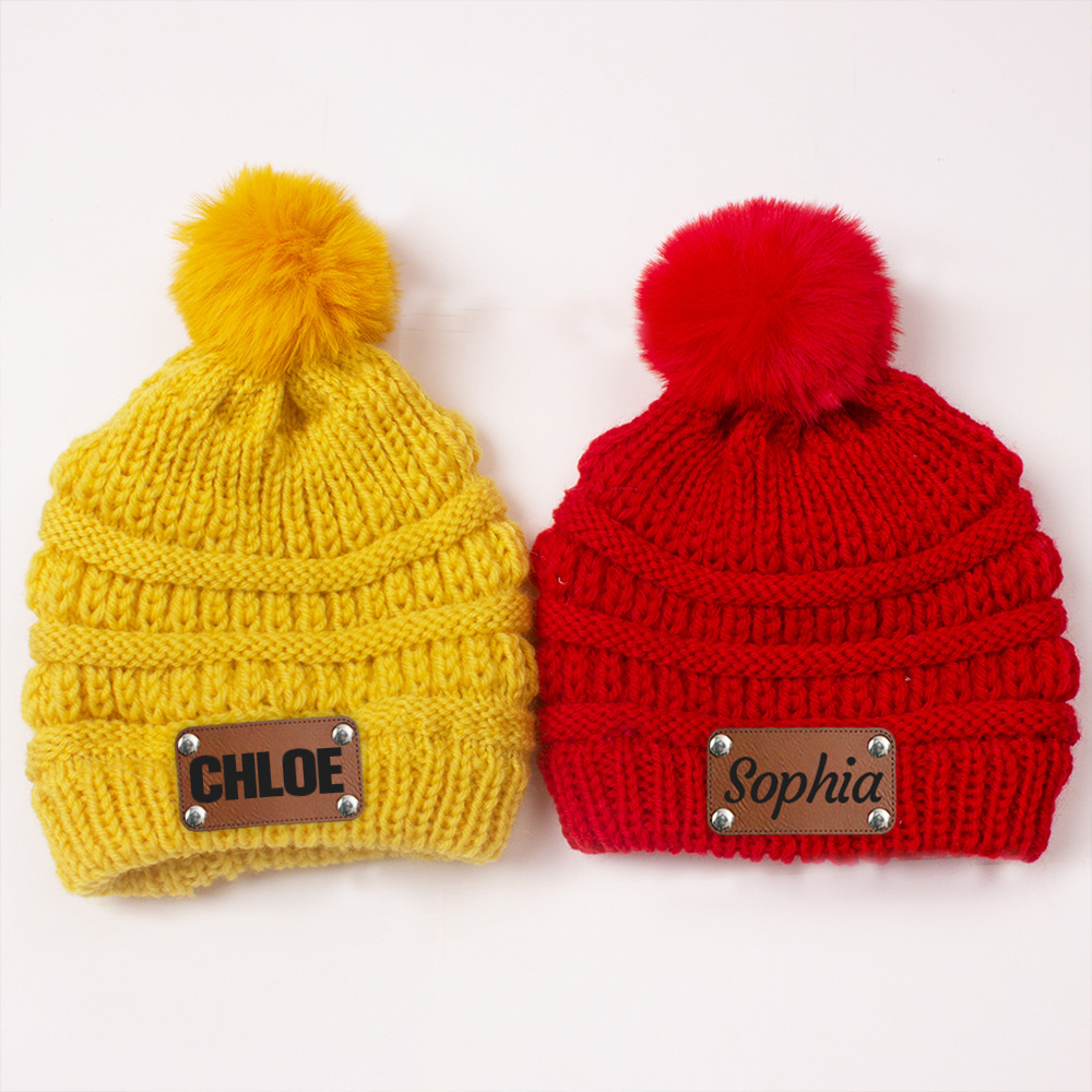 Personalized Leather Patch Kid Colorful Pom Pom Hat | HSKid63