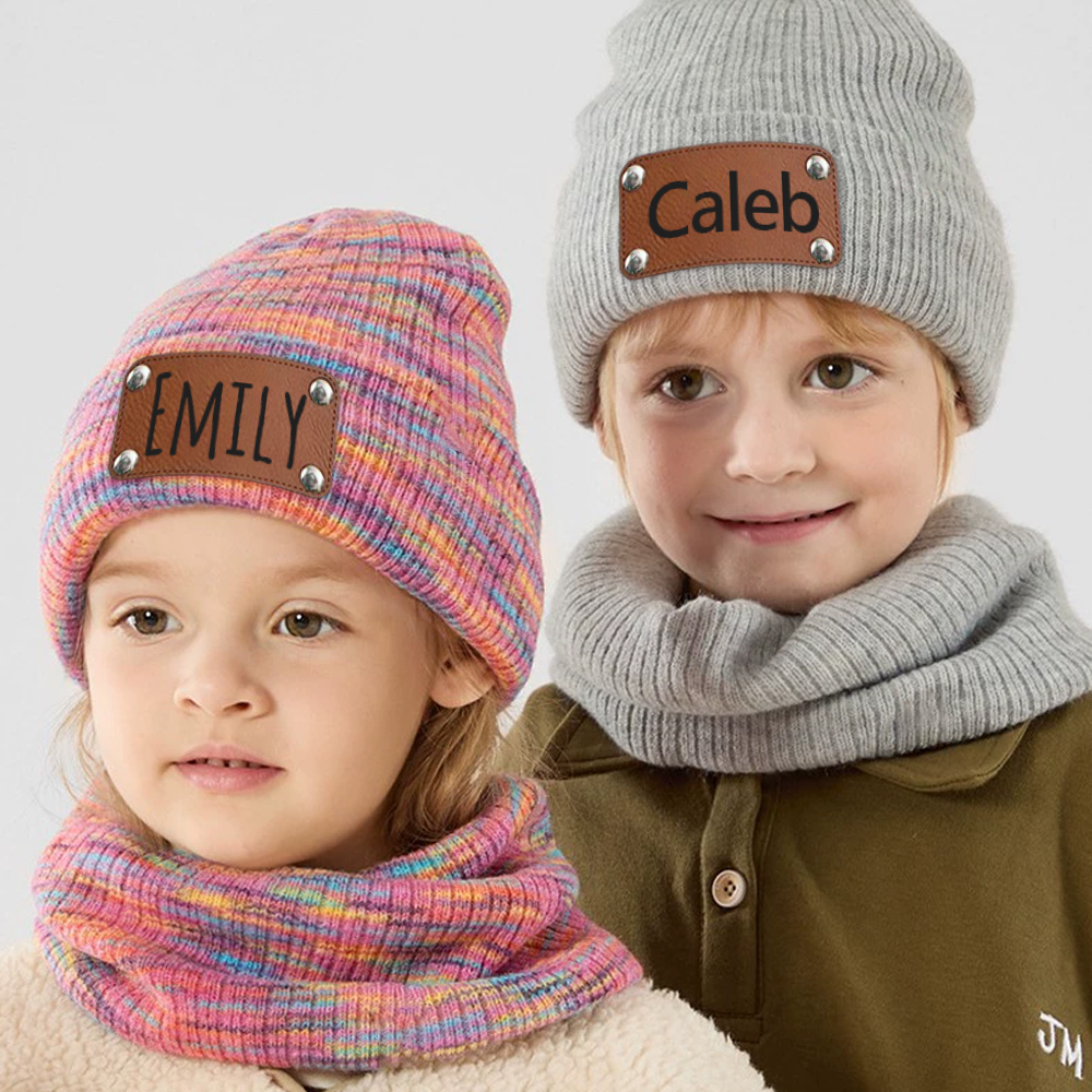 Personalized Leather Patch Kid Winter Hat Glove Scarf Set | HSKid69