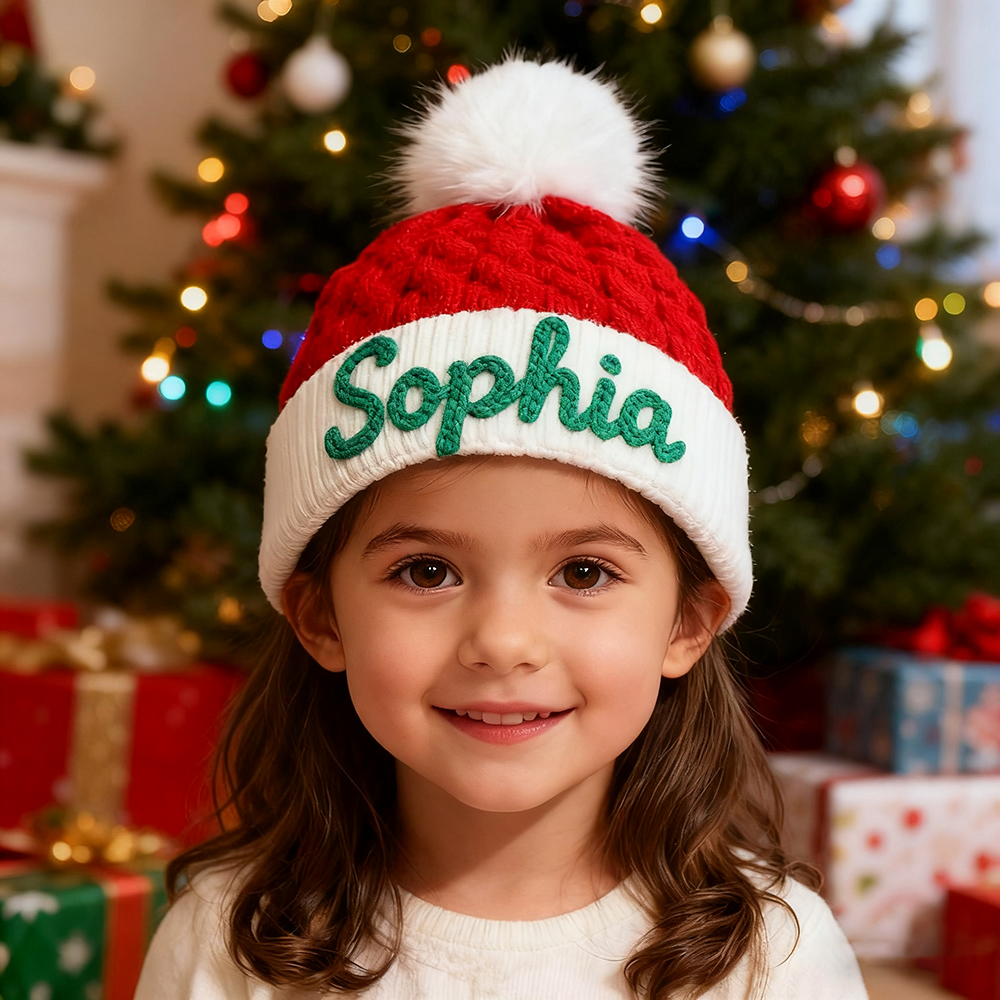 Personalized Hand Embroidery Christmas Pom Pom Hat | HSKid71