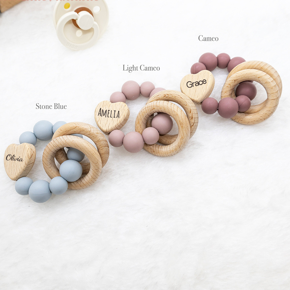 Personalized Baby Sensory Silicone Wooden Toy Ring | CWToy169