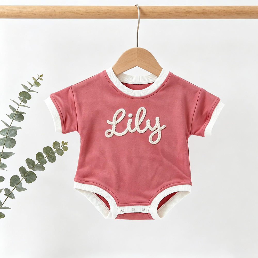 Personalized Hand Embroidered Short Sleeve Baby Bubble Romper | CWBaby503