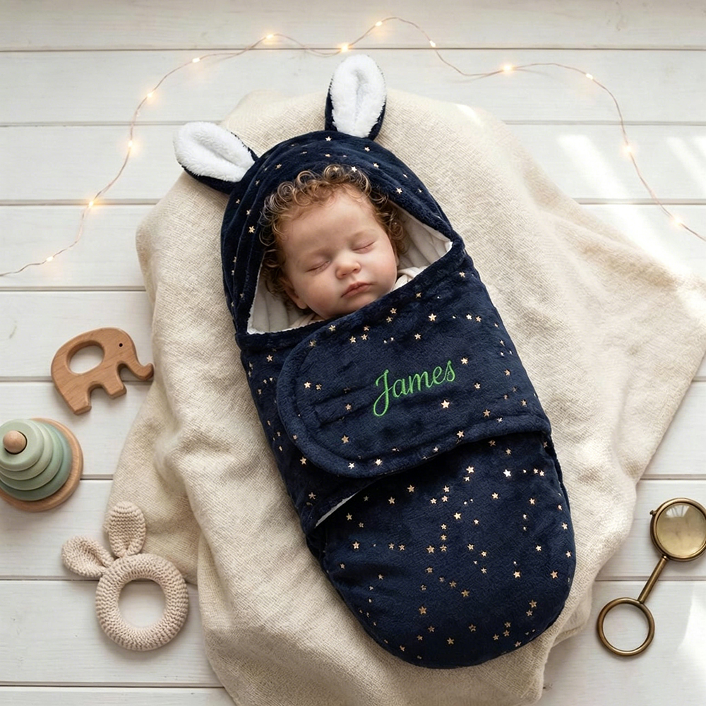 Personalized Baby Flannel Bunny Ear Swaddle Wrap | CWBaby507