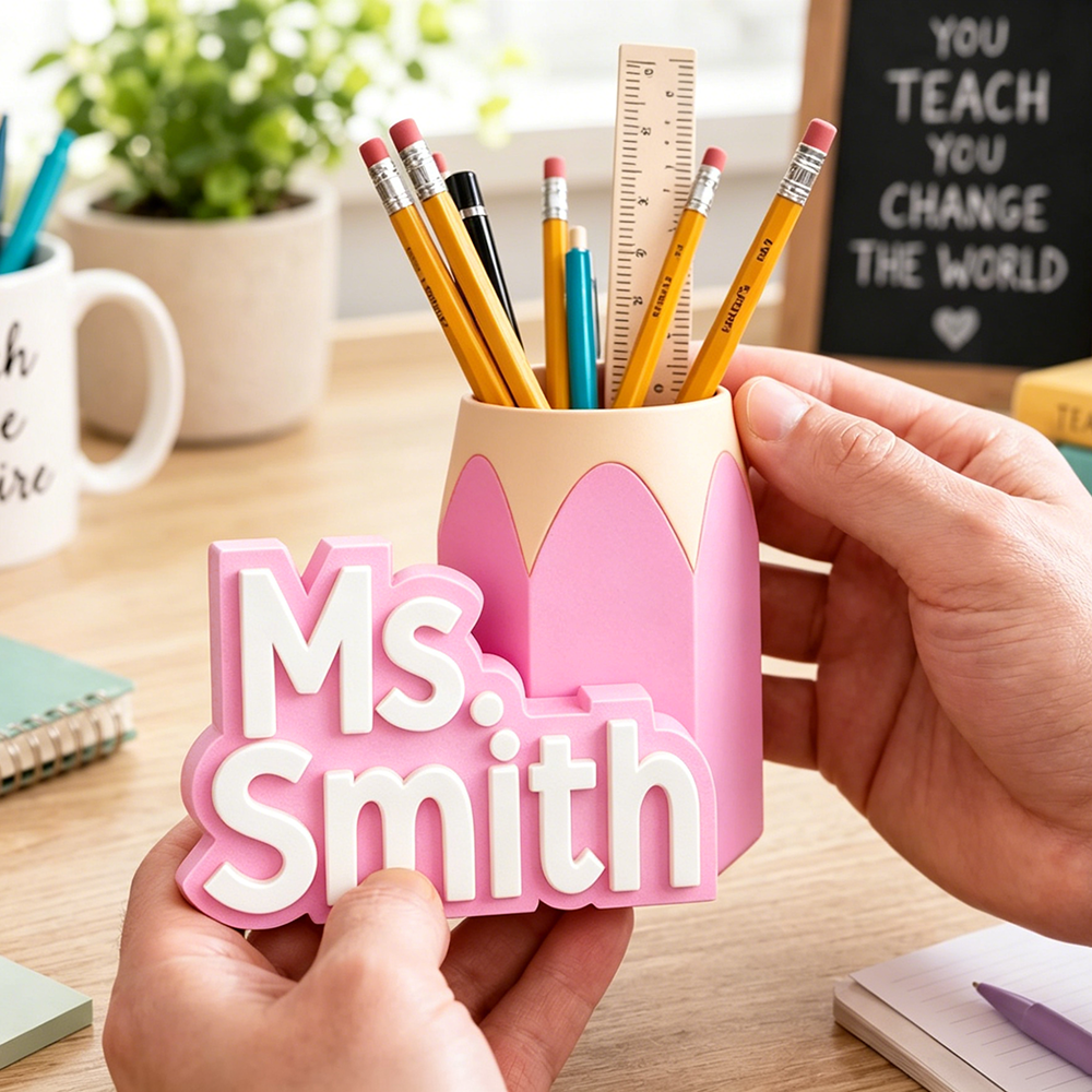Personalized 3D Printed Teacher Pen Cup and Name Stand | CWTeach14