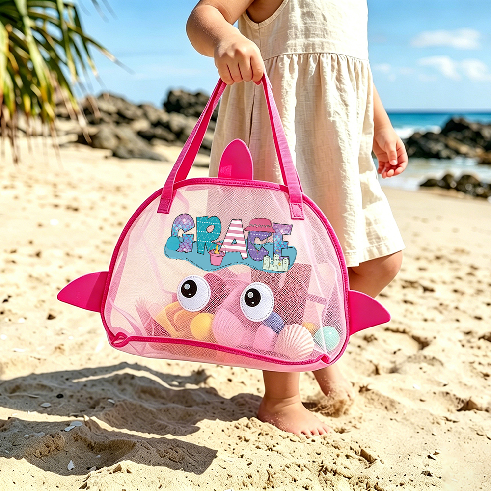 Personalized Adorable Shark Seashell Zipper Mesh Beach Bag | CWBeach262