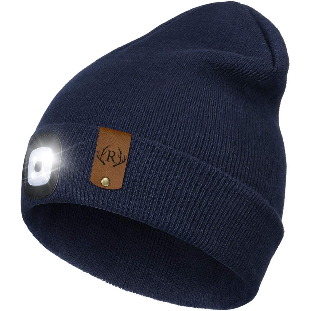 Personalized Kids Leather Tag Beanie with Headlamp | HSKid32