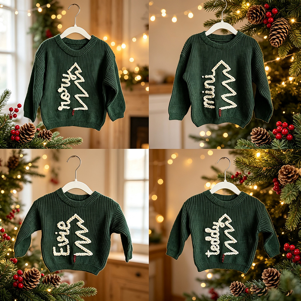 Personalized Hand Embroidered Christmas Tree With Name Sweater | MCGift370