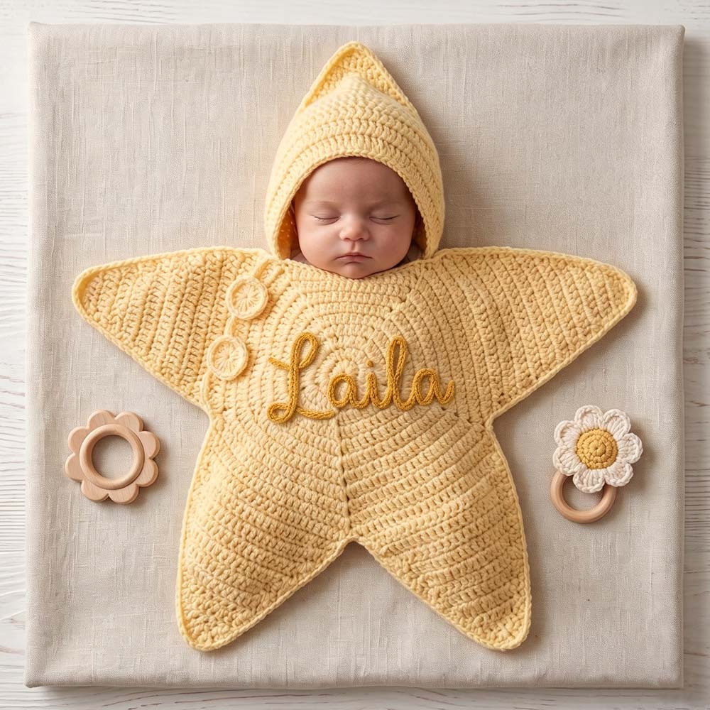 Personalized Hand Embroidered Hooded Crochet Star Baby Outfit | CWBaby524