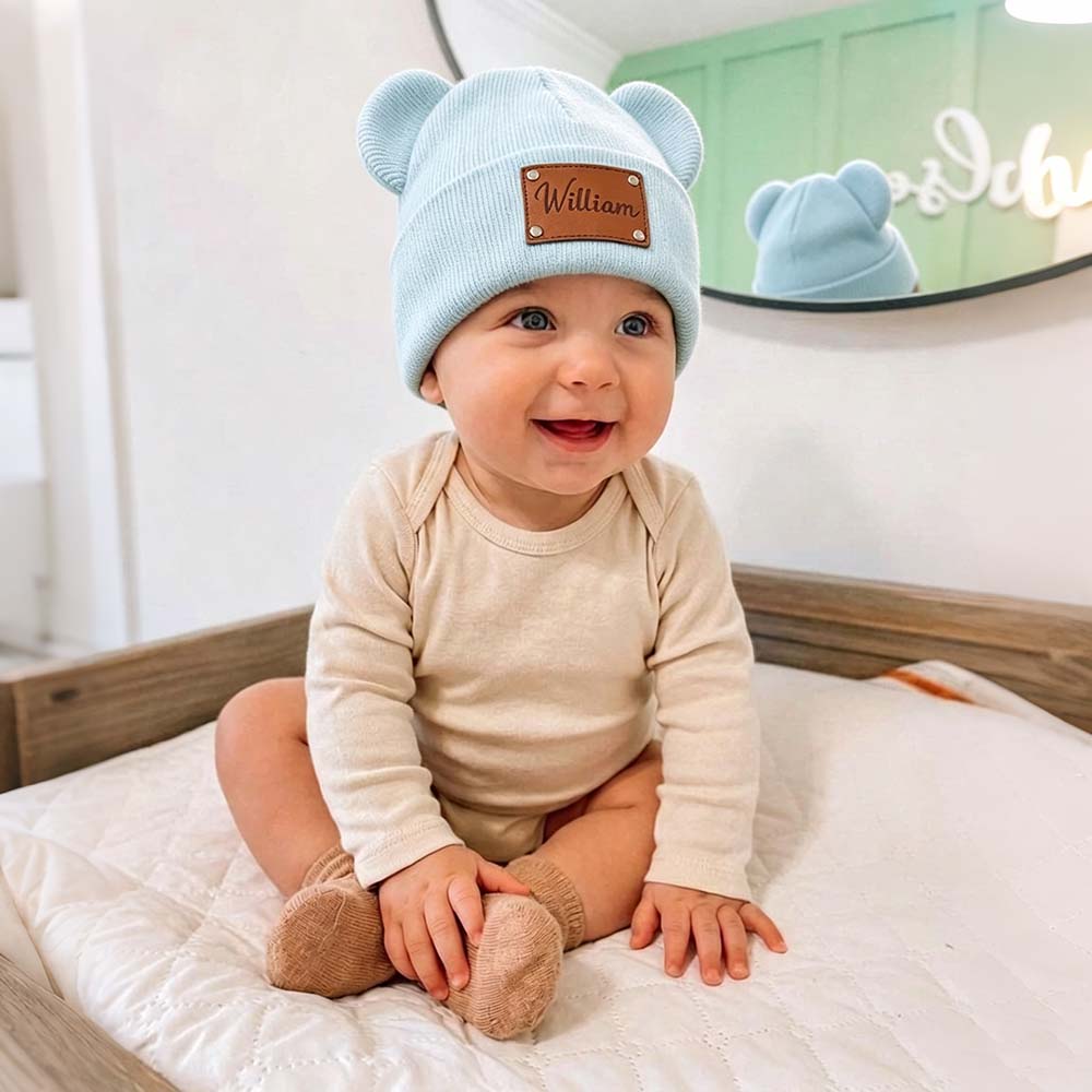 Personalized Leather Patch Kid Beanie Hat With Bear Ears | HSKid92
