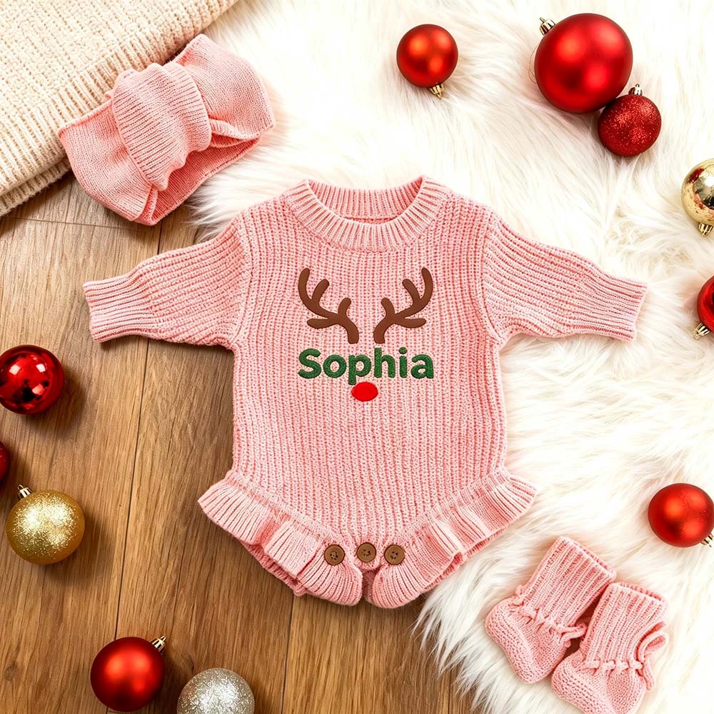 Personalized Embroidered Reindeer Baby Romper Set With Bow Headband & Socks | MCGift388