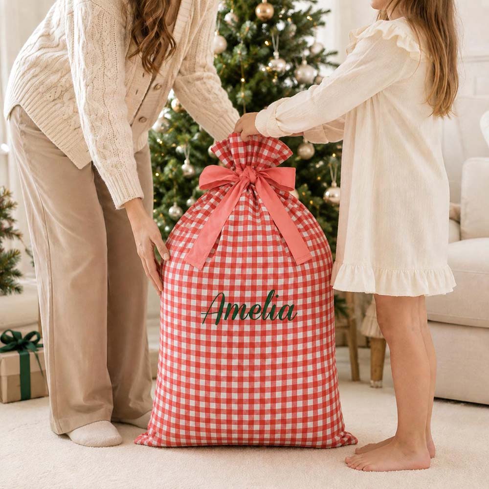 Personalized Embroidered Gingham Santa Gift Bag | MCGift391