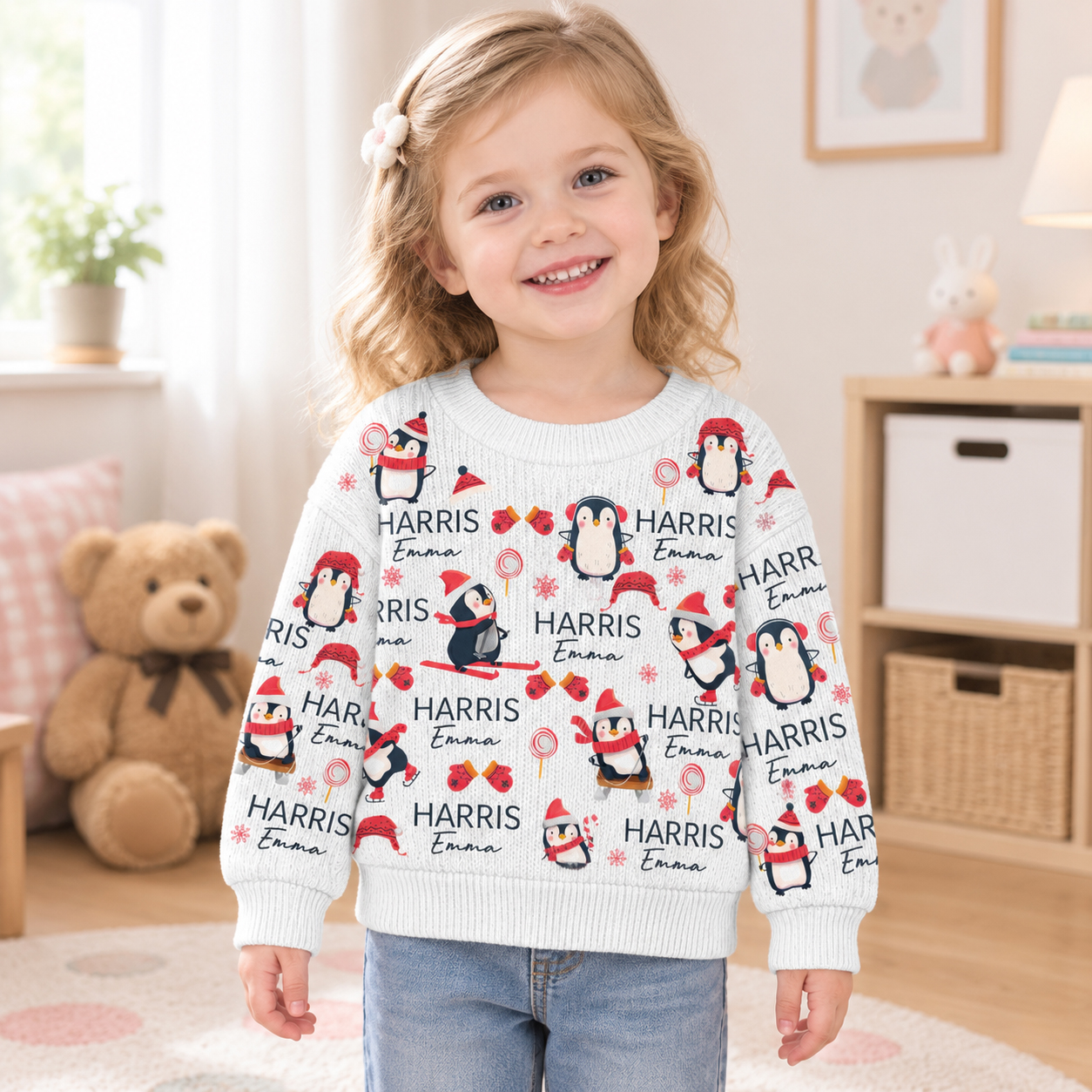 Personalized Lovely Kids Christmas Penguin Knit Sweater | CWSweater14